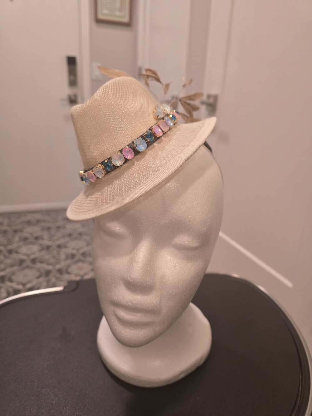 Beige Straw Mini Fedora with Multicolor Gem Band